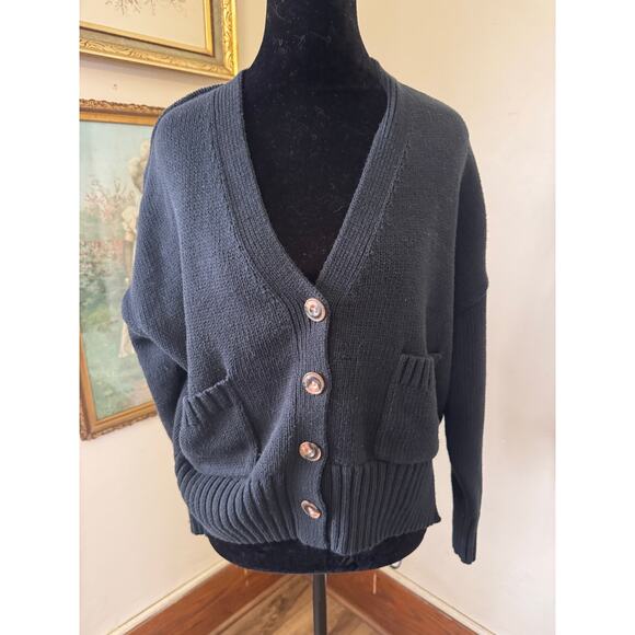 a new day Sweaters - Black Chunky Knit Cardigan XS Button Front Cropped Boxy Pockets